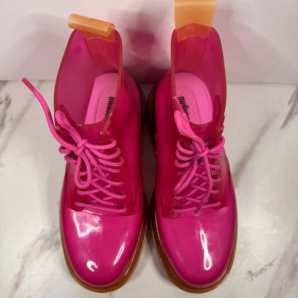 MELISSA Coturno Translucent Platform Lace Up Combat Boots HOT PINK-ORANGE / 7 US - Picture 7 of 14